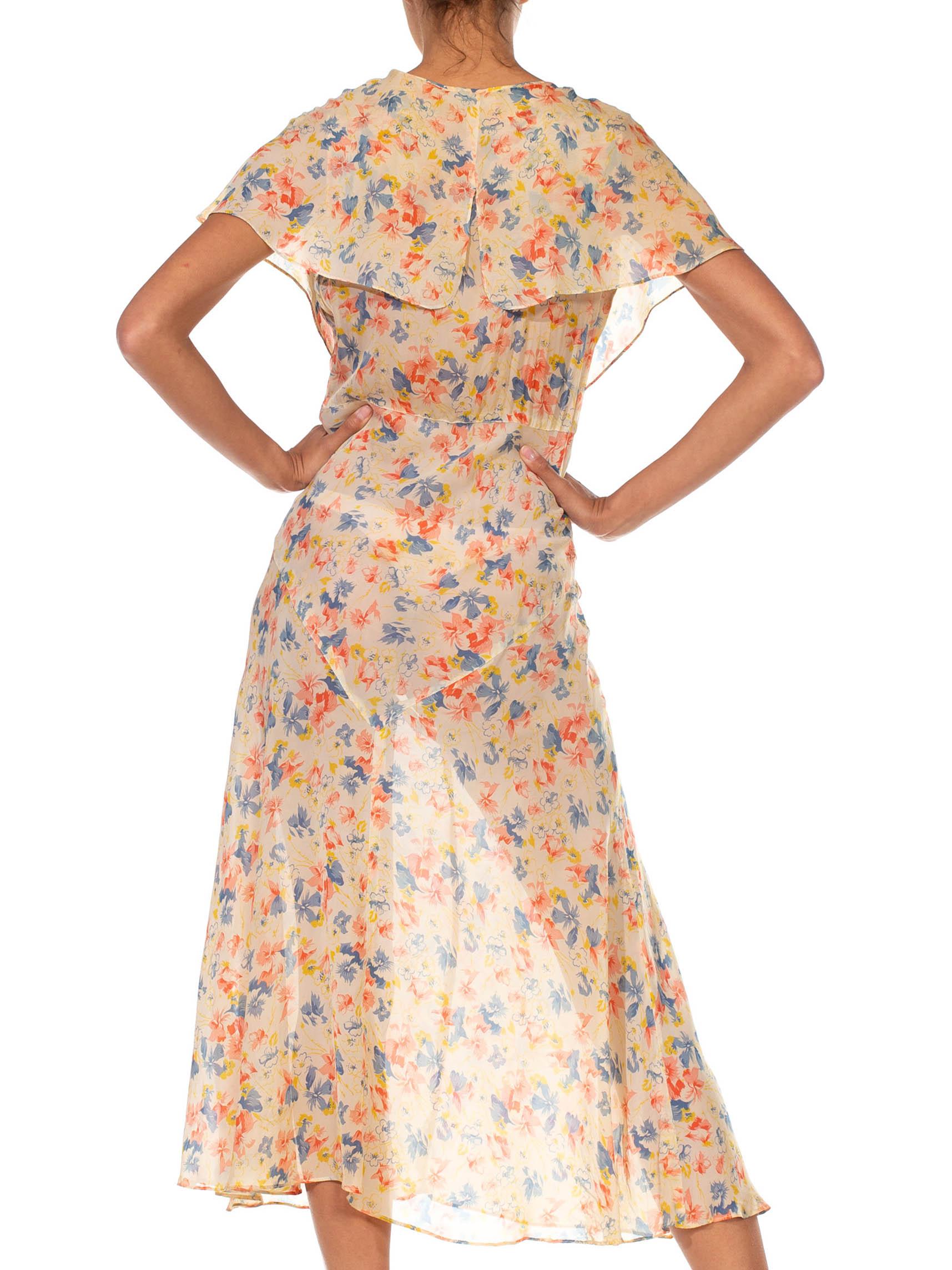 1930S Cream Red & Blue Silk Floral Bias Cut Day Dress With Capelet For Sale 1