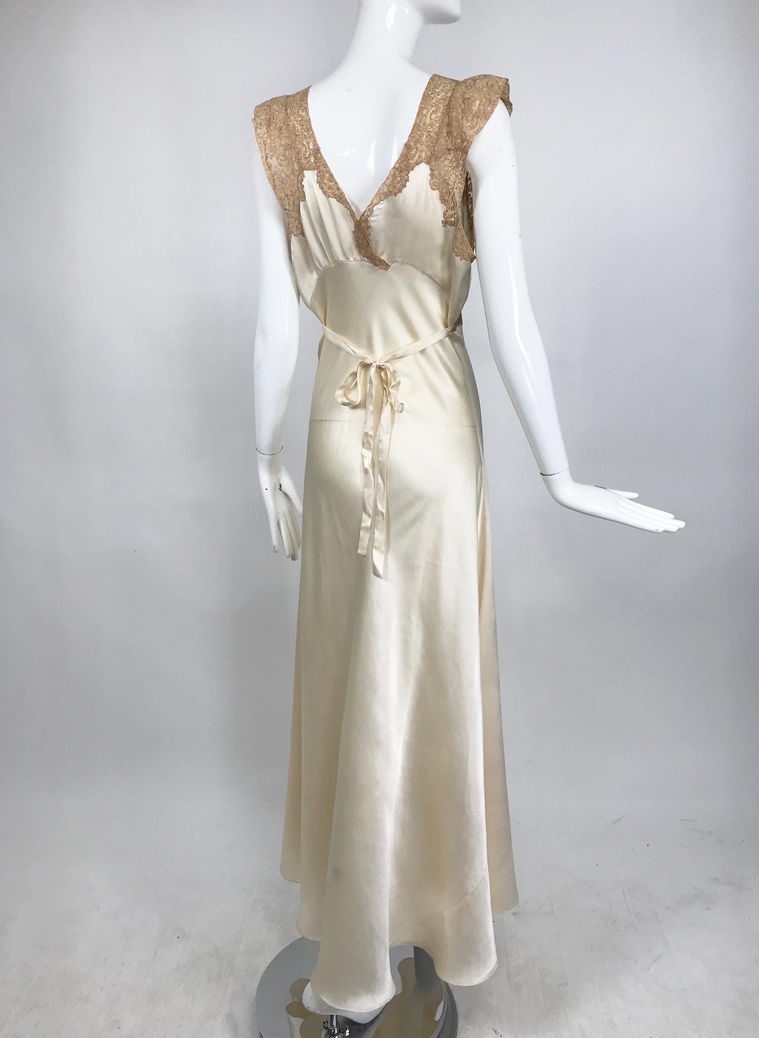 Brown 1930s Cream Silk Charmeuse Bias Cut Couture Gown With Ecru Lace Trim
