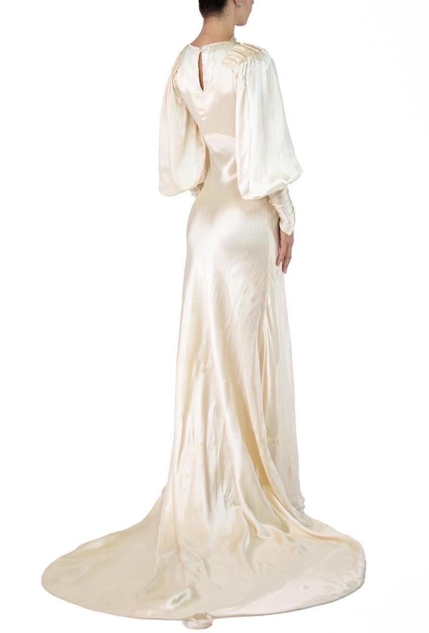 1930S Cream Silk Satin Billowy Sleeve Trained Wedding Gown For Sale 1