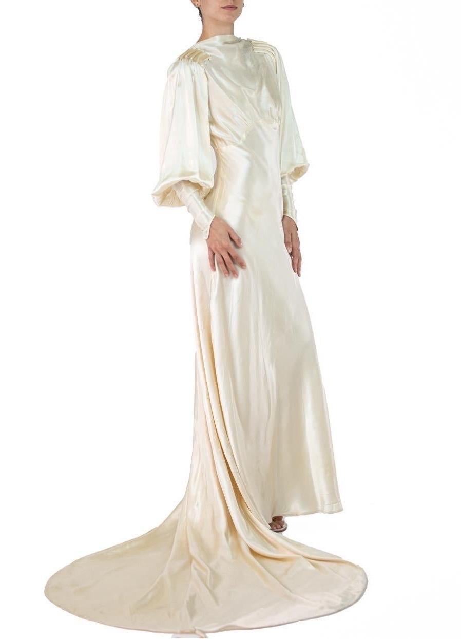 1930S Cream Silk Satin Billowy Sleeve Trained Wedding Gown For Sale 3