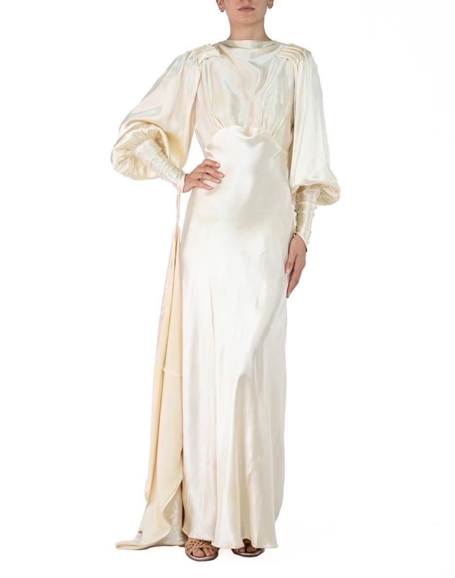 1930S Cream Silk Satin Billowy Sleeve Trained Wedding Gown For Sale 4