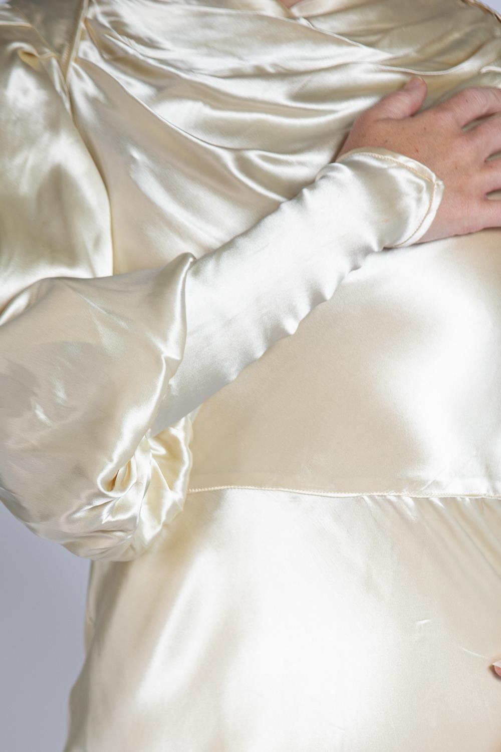 1930S Cream Silk Satin Billowy Sleeve With Belt Wedding Gown For Sale 7