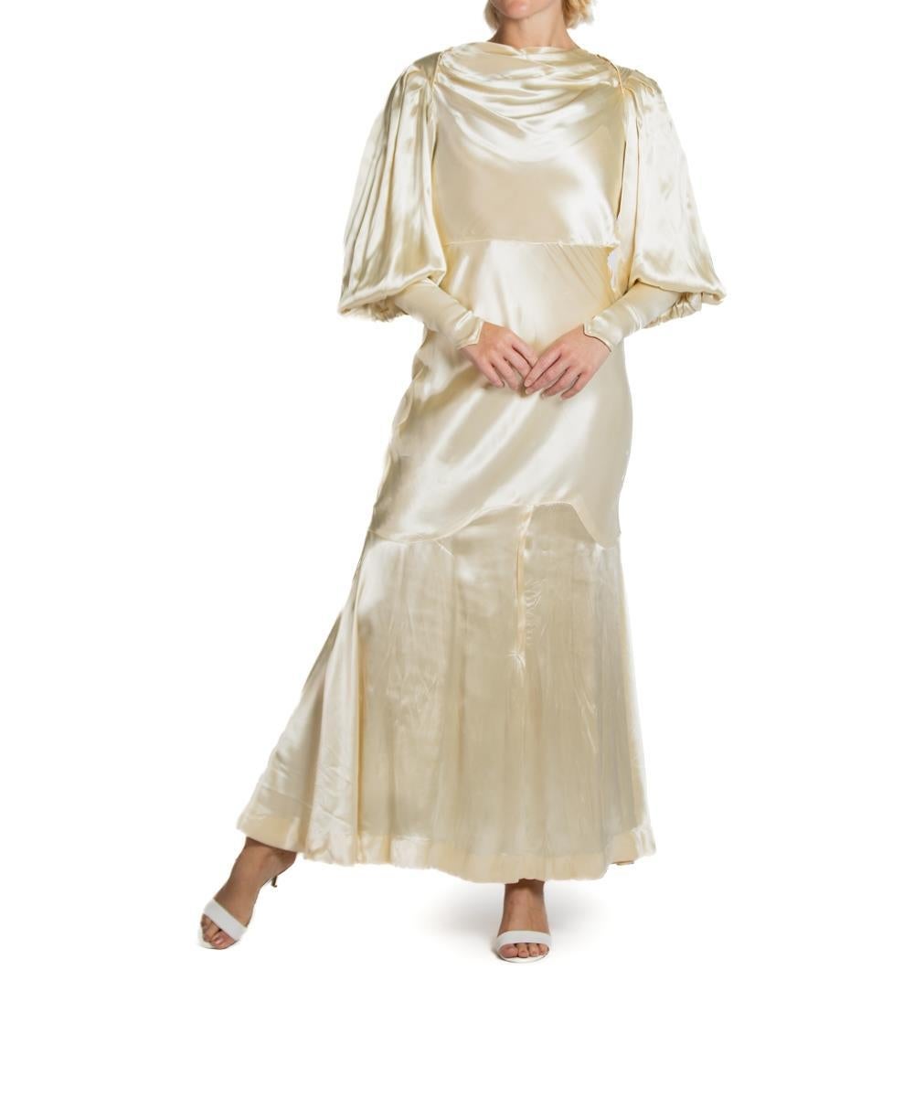 1930S Cream Silk Satin Billowy Sleeve With Belt Wedding Gown For Sale 1