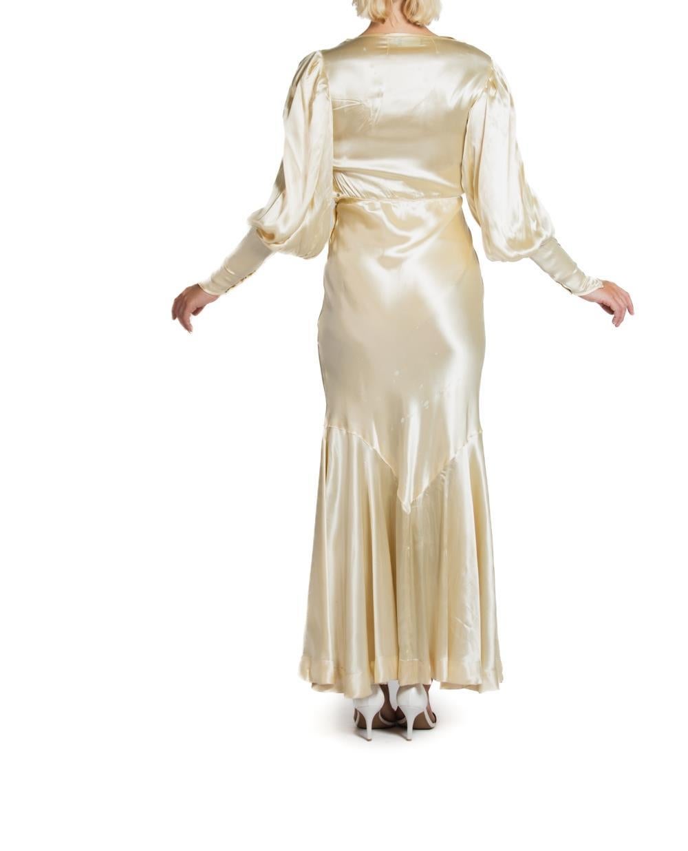 1930S Cream Silk Satin Billowy Sleeve With Belt Wedding Gown For Sale 2