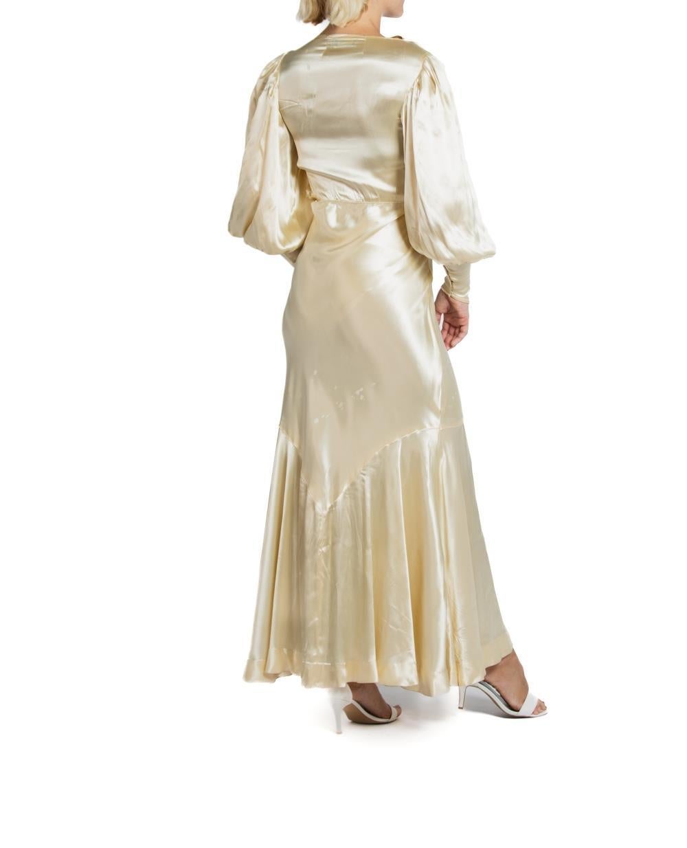 1930S Cream Silk Satin Billowy Sleeve With Belt Wedding Gown For Sale 3