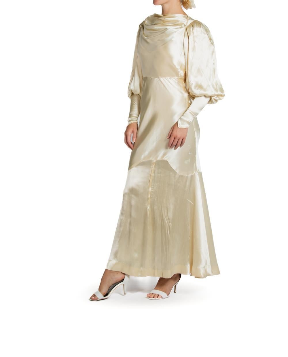1930S Cream Silk Satin Billowy Sleeve With Belt Wedding Gown For Sale 4