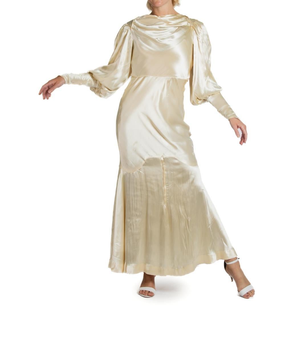 1930S Cream Silk Satin Billowy Sleeve With Belt Wedding Gown For Sale 5
