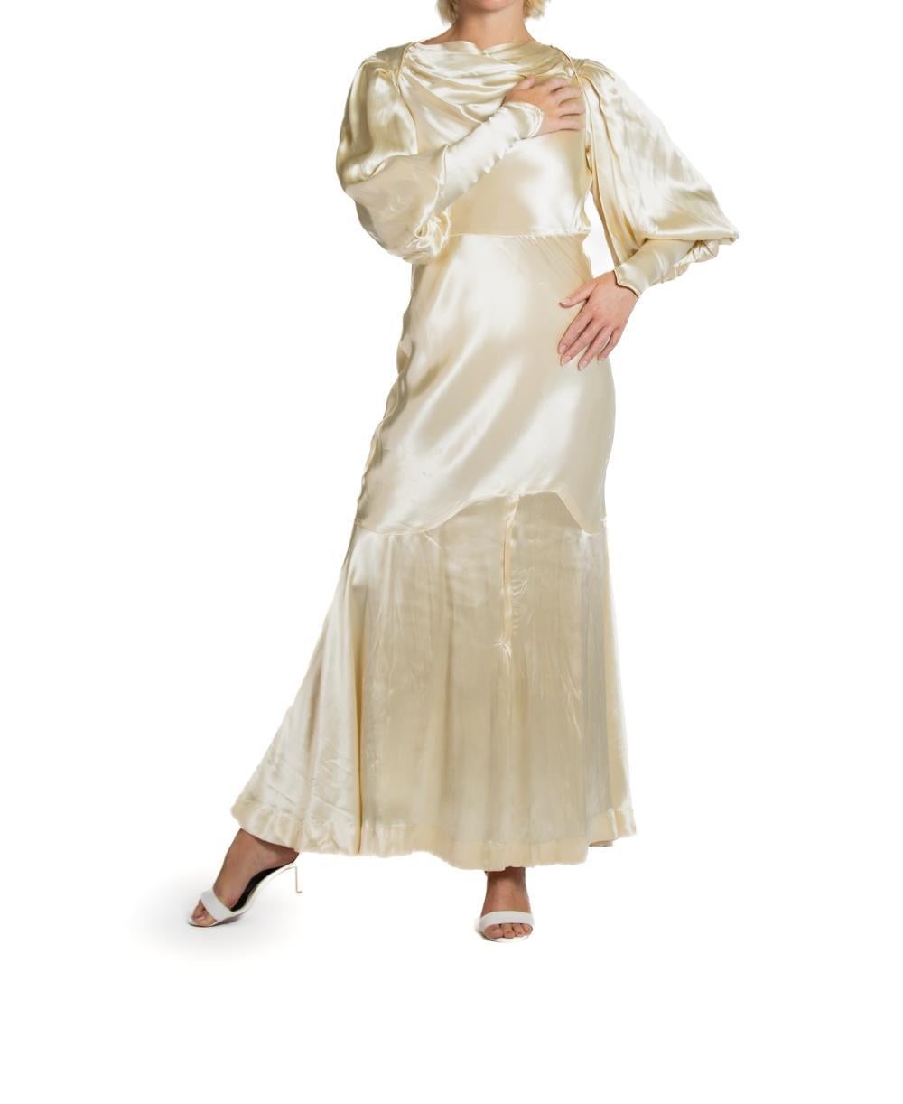 1930S Cream Silk Satin Billowy Sleeve With Belt Wedding Gown For Sale 6