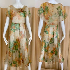 1930s Creme and Green Floral Print Silk Chiffon Day Dress