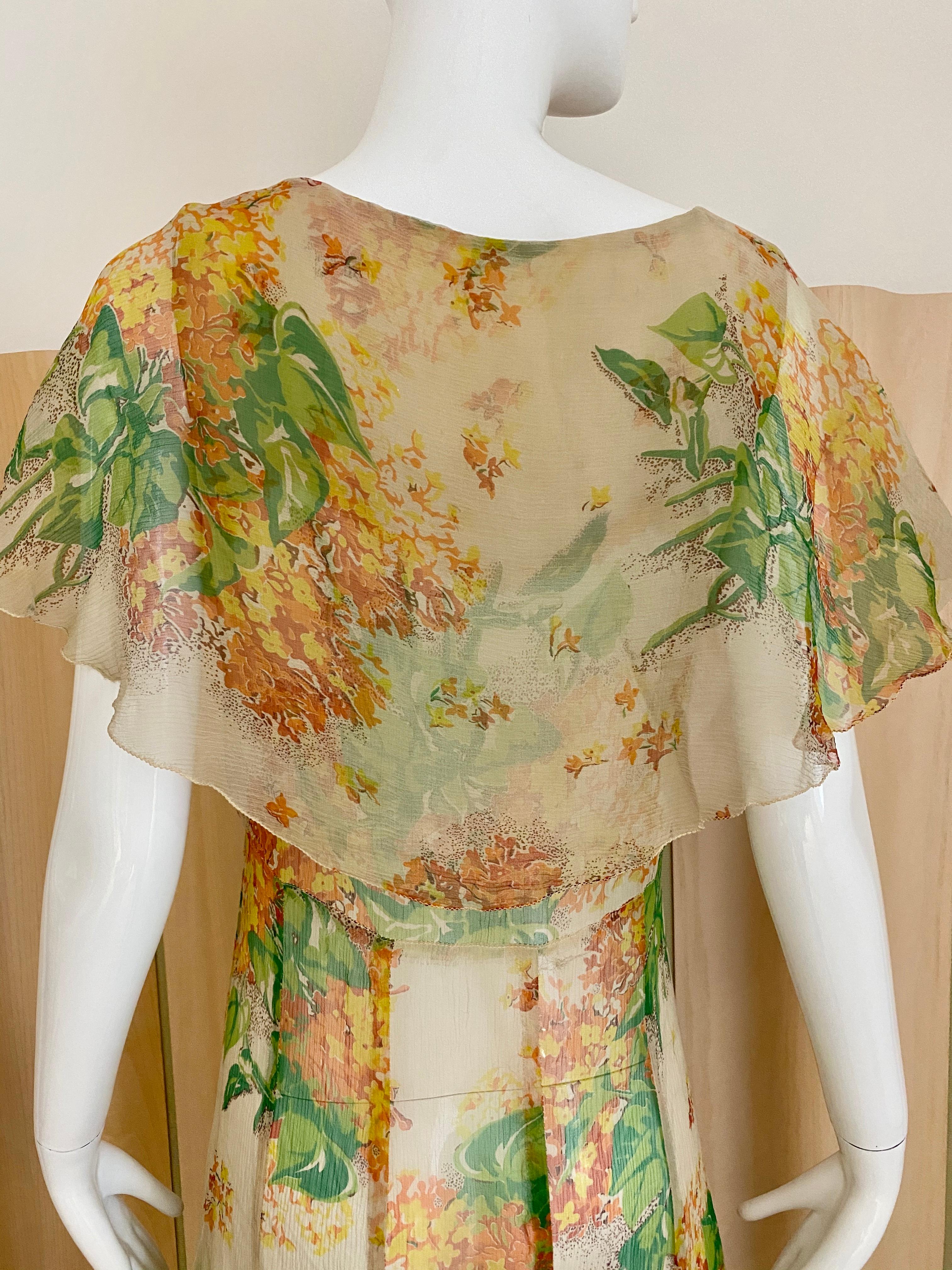 Brown  1930s Creme and Green Floral Print Silk Chiffon Day Dress For Sale