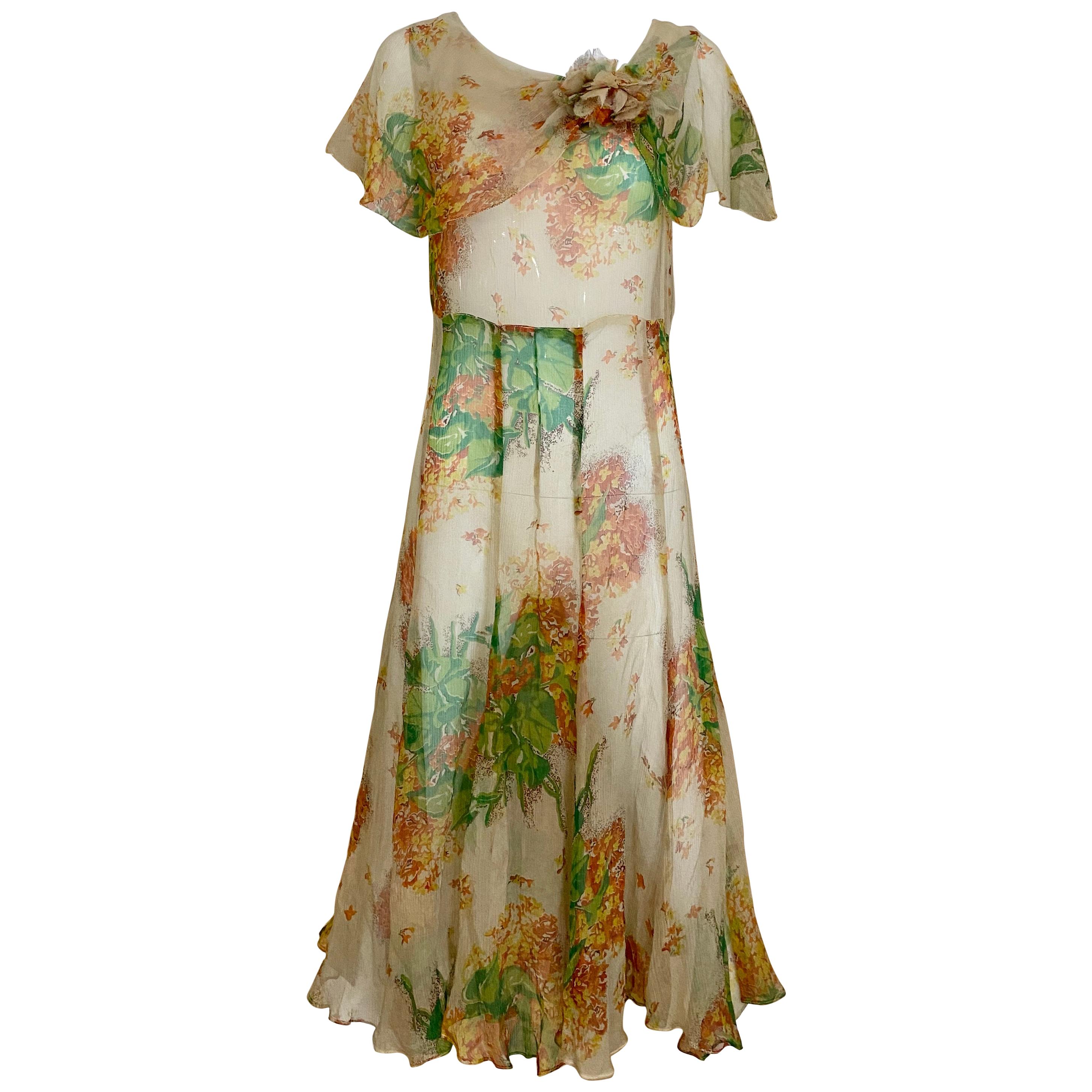  1930s Creme and Green Floral Print Silk Chiffon Day Dress