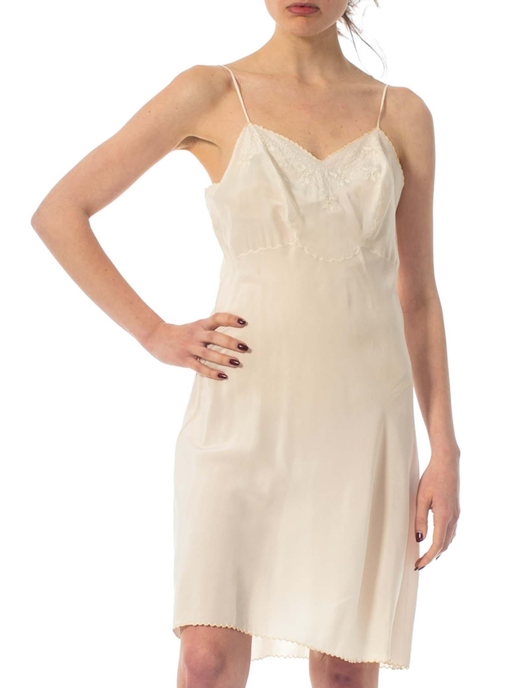 Women's 1940S Cream Hand Embroidered Silk Crepe De Chine Slip Dress Made From Paris