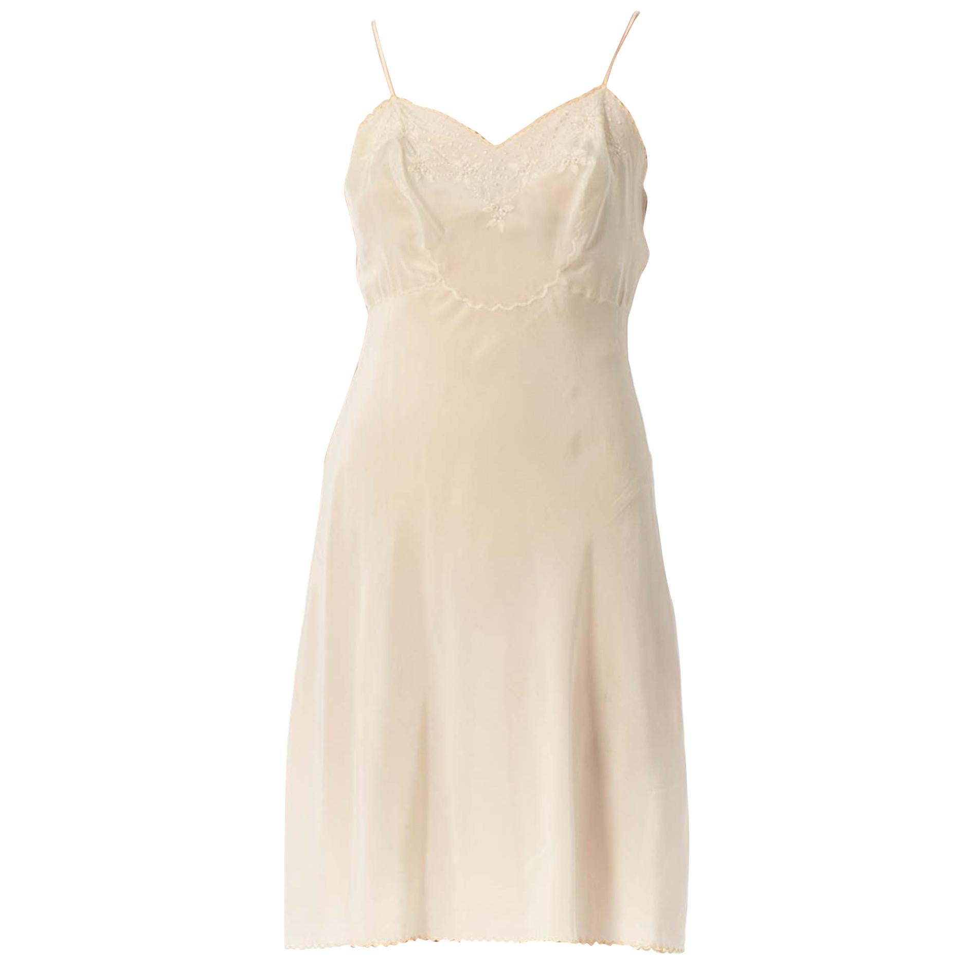 1930S Ivory Hand Embroidered Silk Charmeuse Slip Dress at 1stDibs