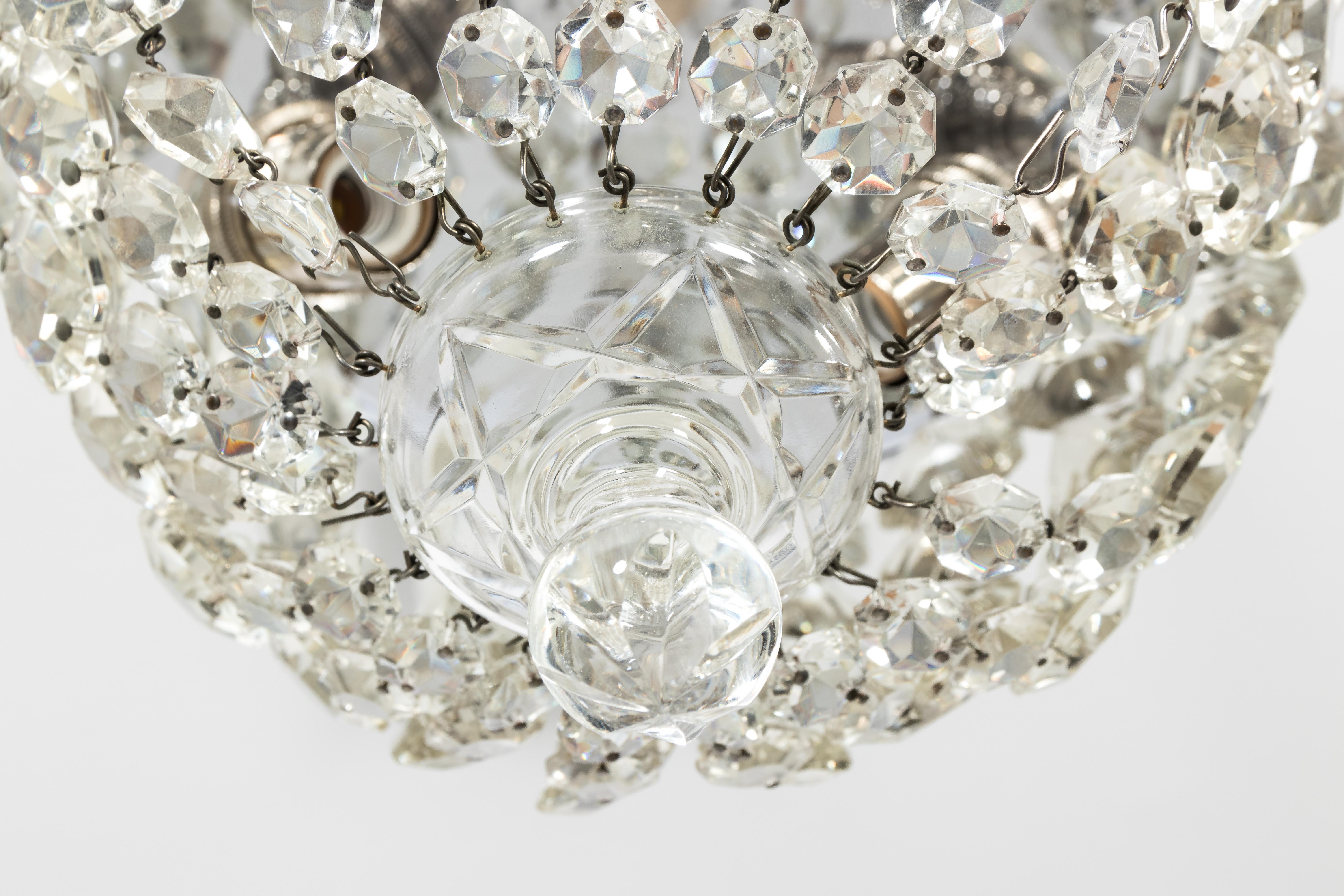 1930s Crystal Basket Nickel Neoclassical Flush Mount Light In Excellent Condition In Stamford, CT