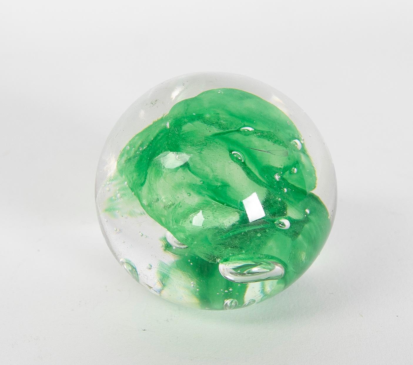 European 1930s Crystal Paperweight with Decoration Inside with Green Color For Sale