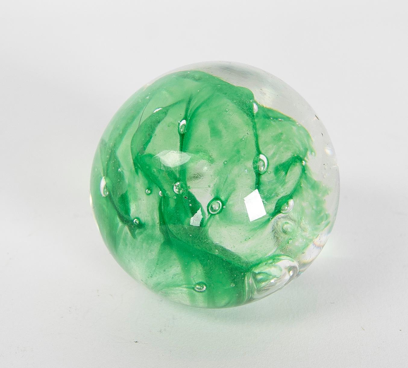 Glass 1930s Crystal Paperweight with Decoration Inside with Green Color For Sale