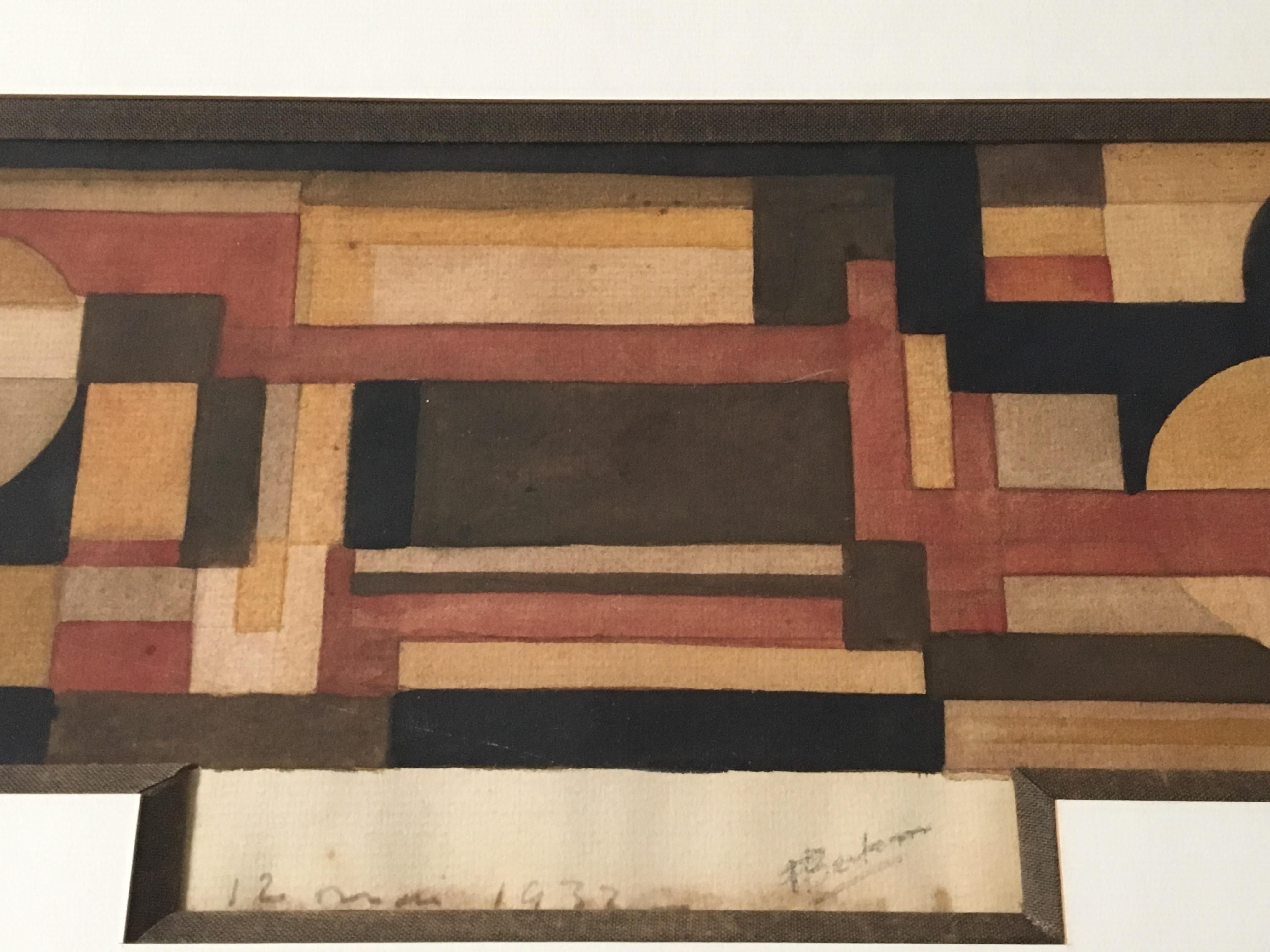 French 1930s Cubist Watercolor, Signed and Dated 1932