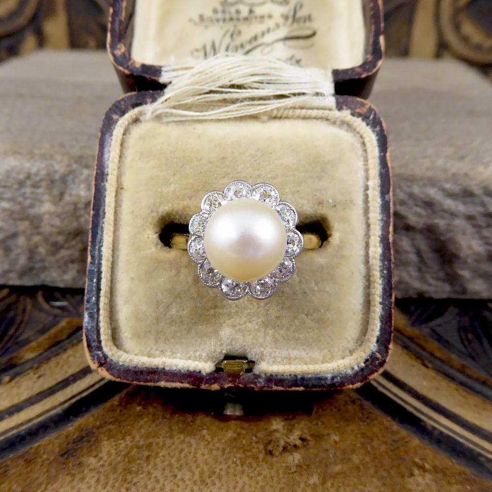 1930s Cultured Pearl and Diamond Cluster Ring in 18 Carat Gold 3
