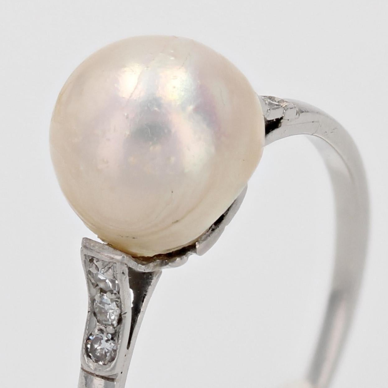 1930s Cultured Pearl Diamonds 18 Karat White Gold Art Deco Ring For Sale 2