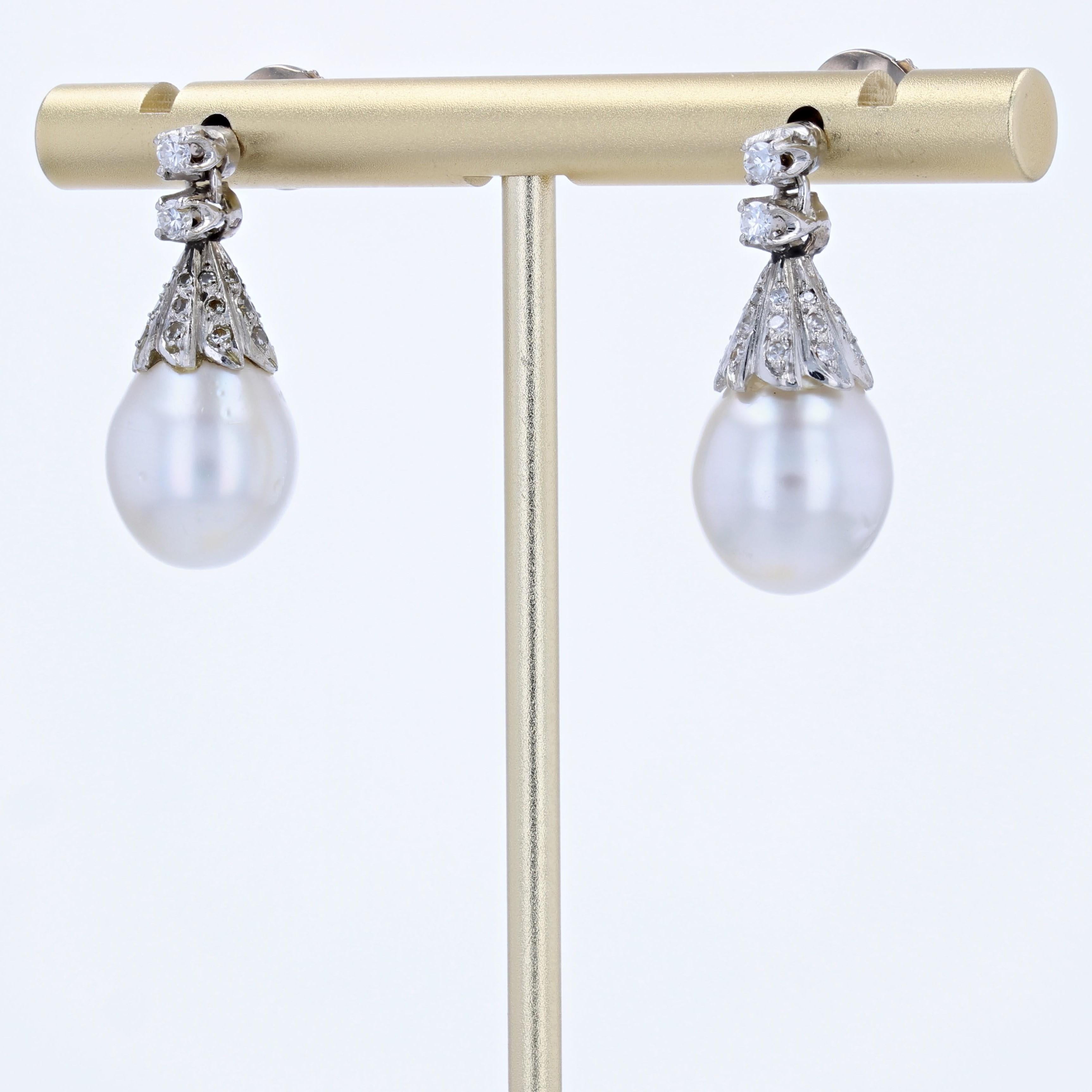Brilliant Cut 1930s Cultured Pearls Diamonds 18 Karat White Gold Drop Earrings