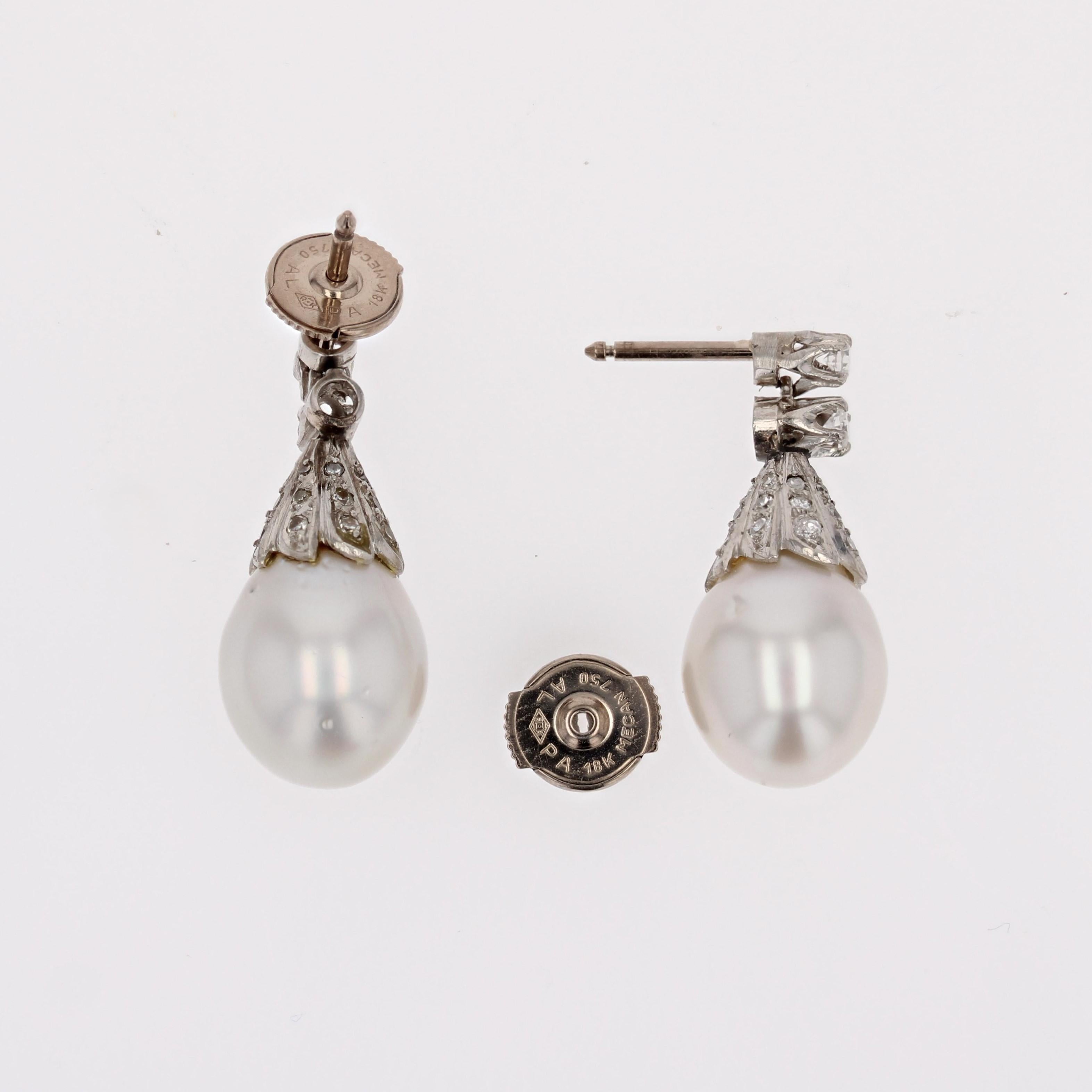 1930s Cultured Pearls Diamonds 18 Karat White Gold Drop Earrings 3