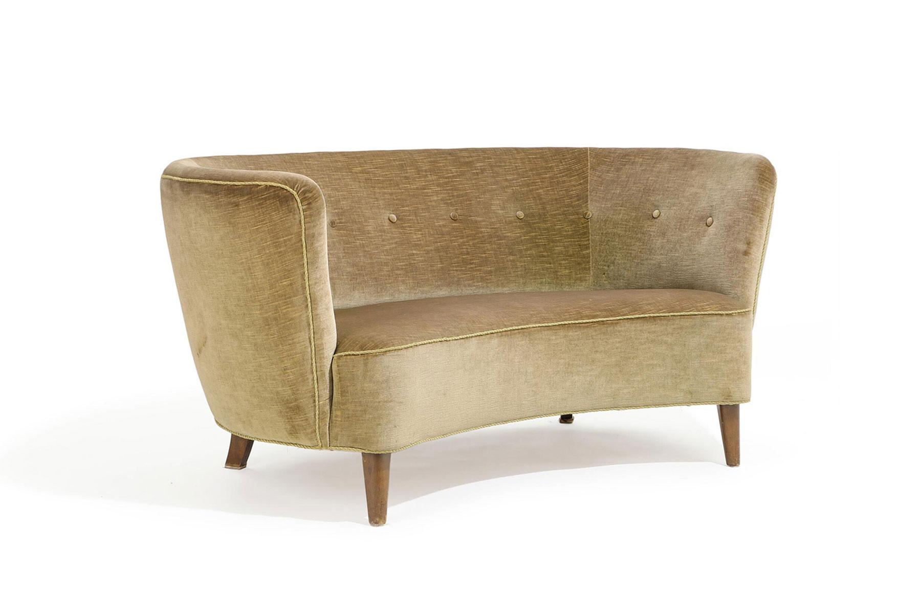 Danish 1930s Curved Banana Sofa in Velvet