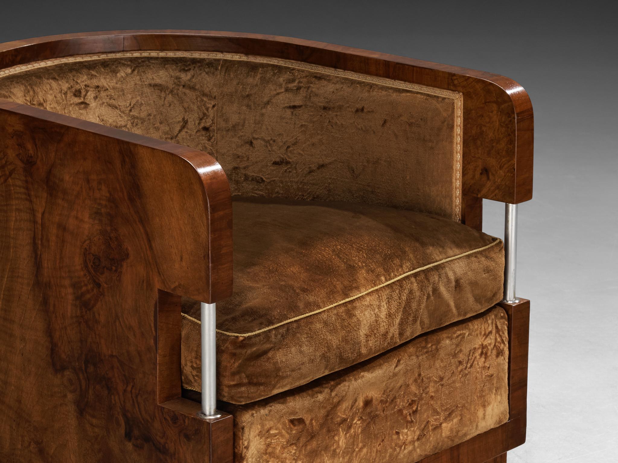 1930s Curved Italian Art Deco Pair of Club Chairs in Walnut and Velvet 5