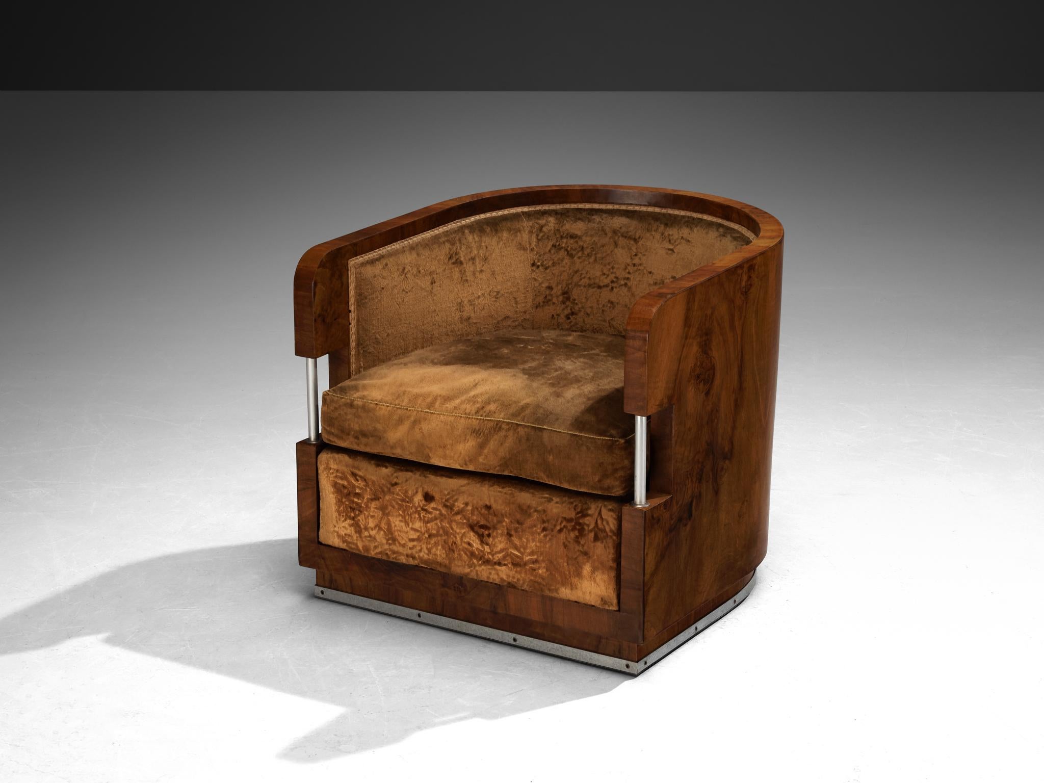 1930s Curved Italian Art Deco Pair of Club Chairs in Walnut and Velvet 6