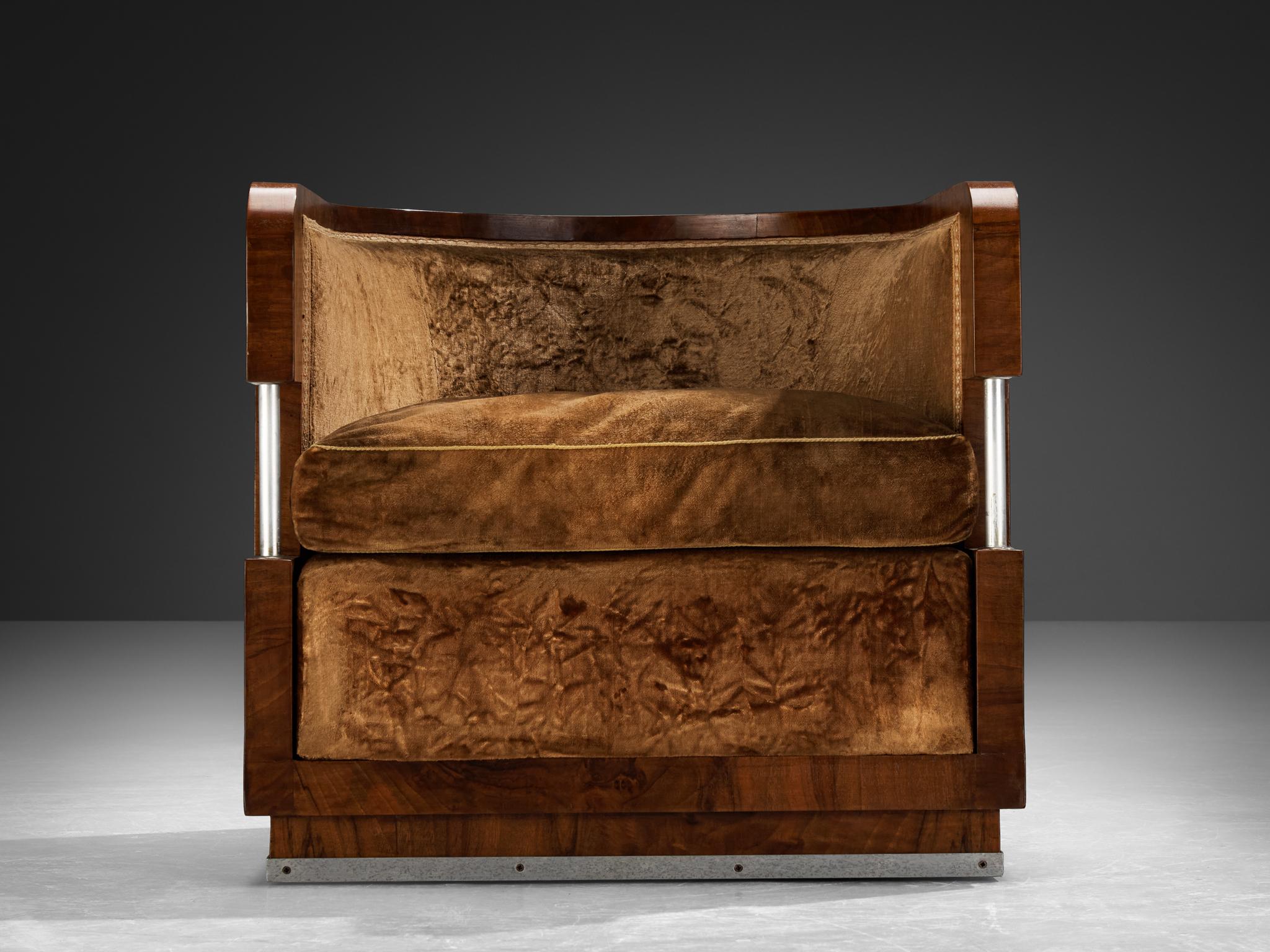 1930s Curved Italian Art Deco Pair of Club Chairs in Walnut and Velvet 8