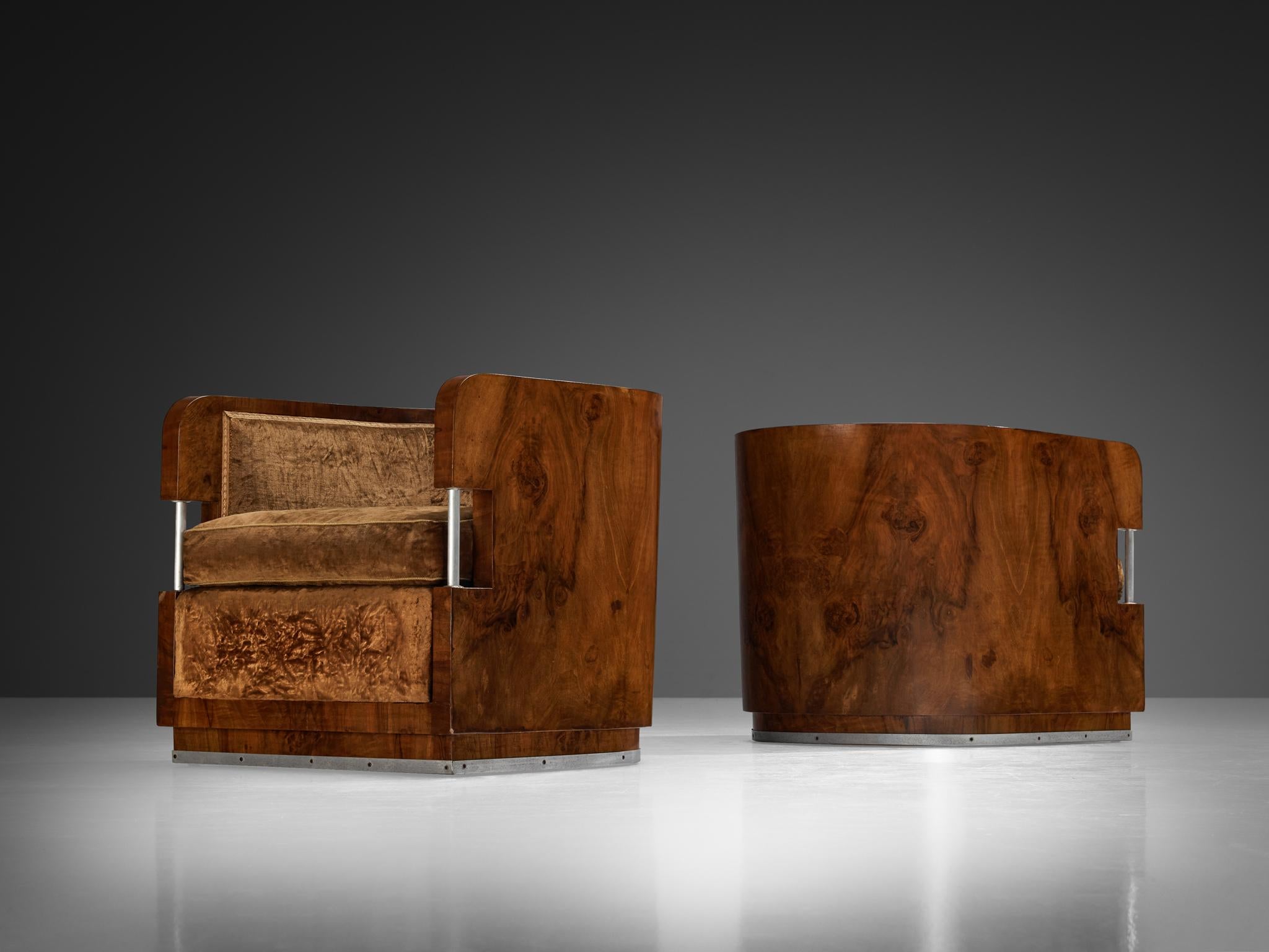 Mid-20th Century 1930s Curved Italian Art Deco Pair of Club Chairs in Walnut and Velvet