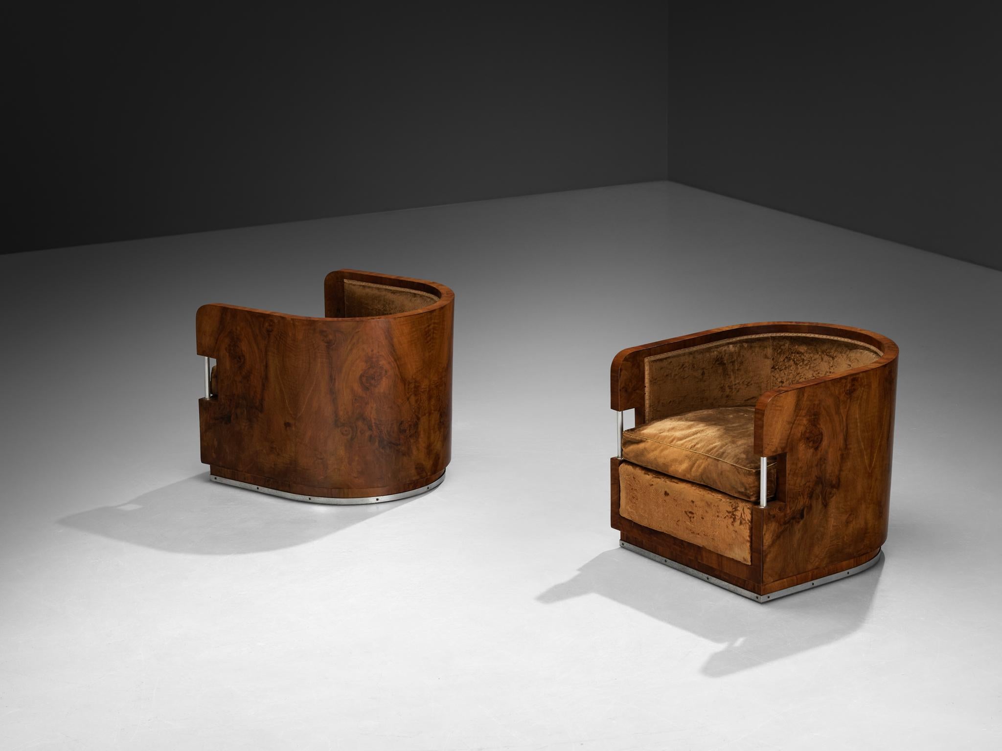 Aluminum 1930s Curved Italian Art Deco Pair of Club Chairs in Walnut and Velvet