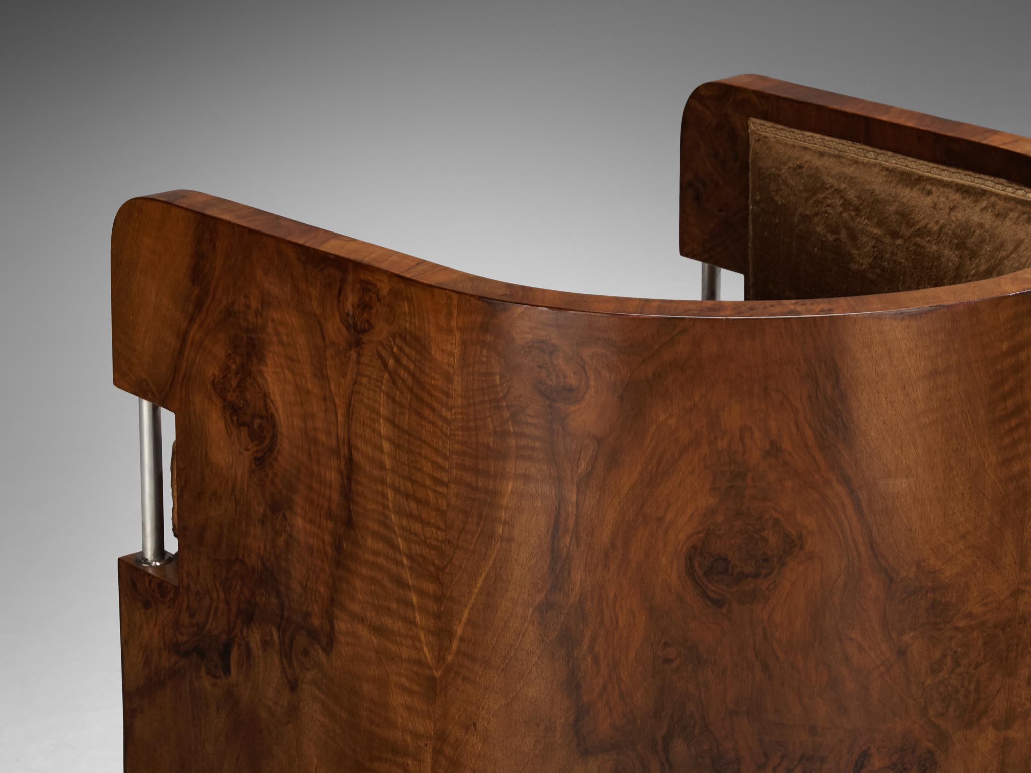 1930s Curved Italian Art Deco Pair of Club Chairs in Walnut and Velvet 2