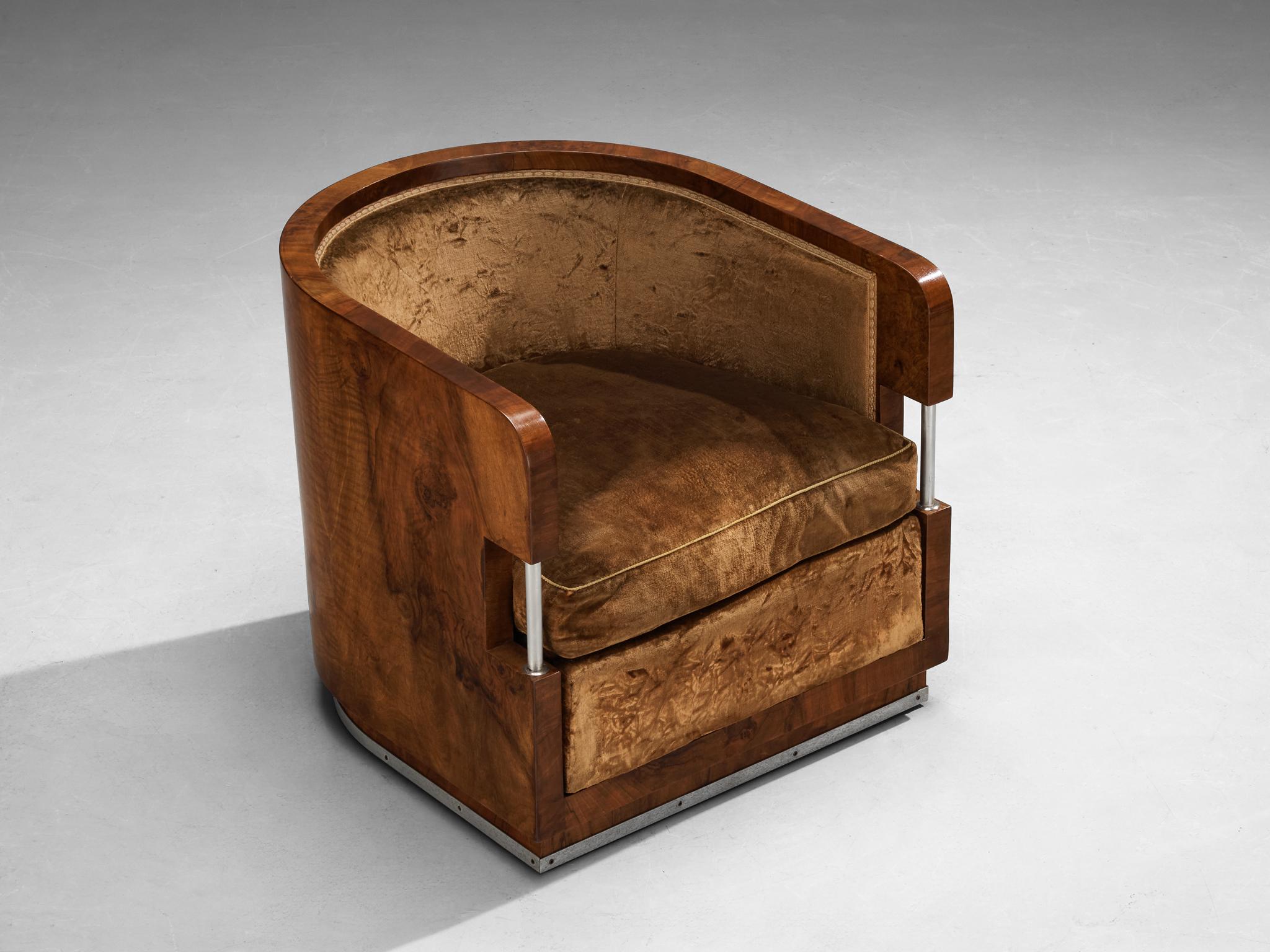 1930s Curved Italian Art Deco Pair of Club Chairs in Walnut and Velvet 4