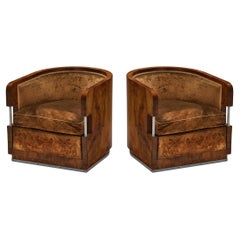 1930s Curved Italian Art Deco Pair of Club Chairs in Walnut and Velvet