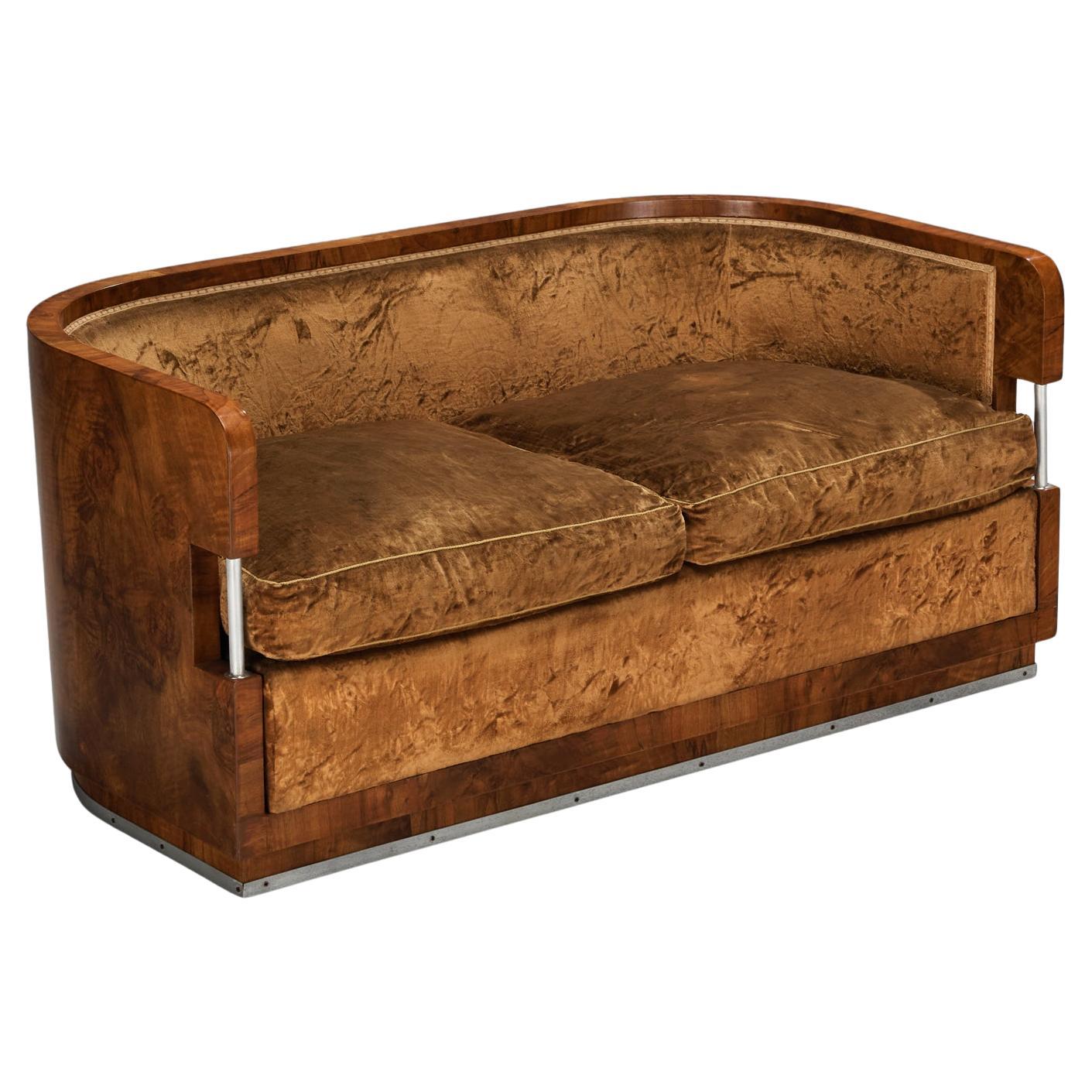 1930s Curved Italian Art Deco Sofa in Walnut Brown Velvet and Metal Details