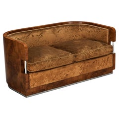 1930s Curved Italian Art Deco Sofa in Walnut Brown Velvet and Metal Details