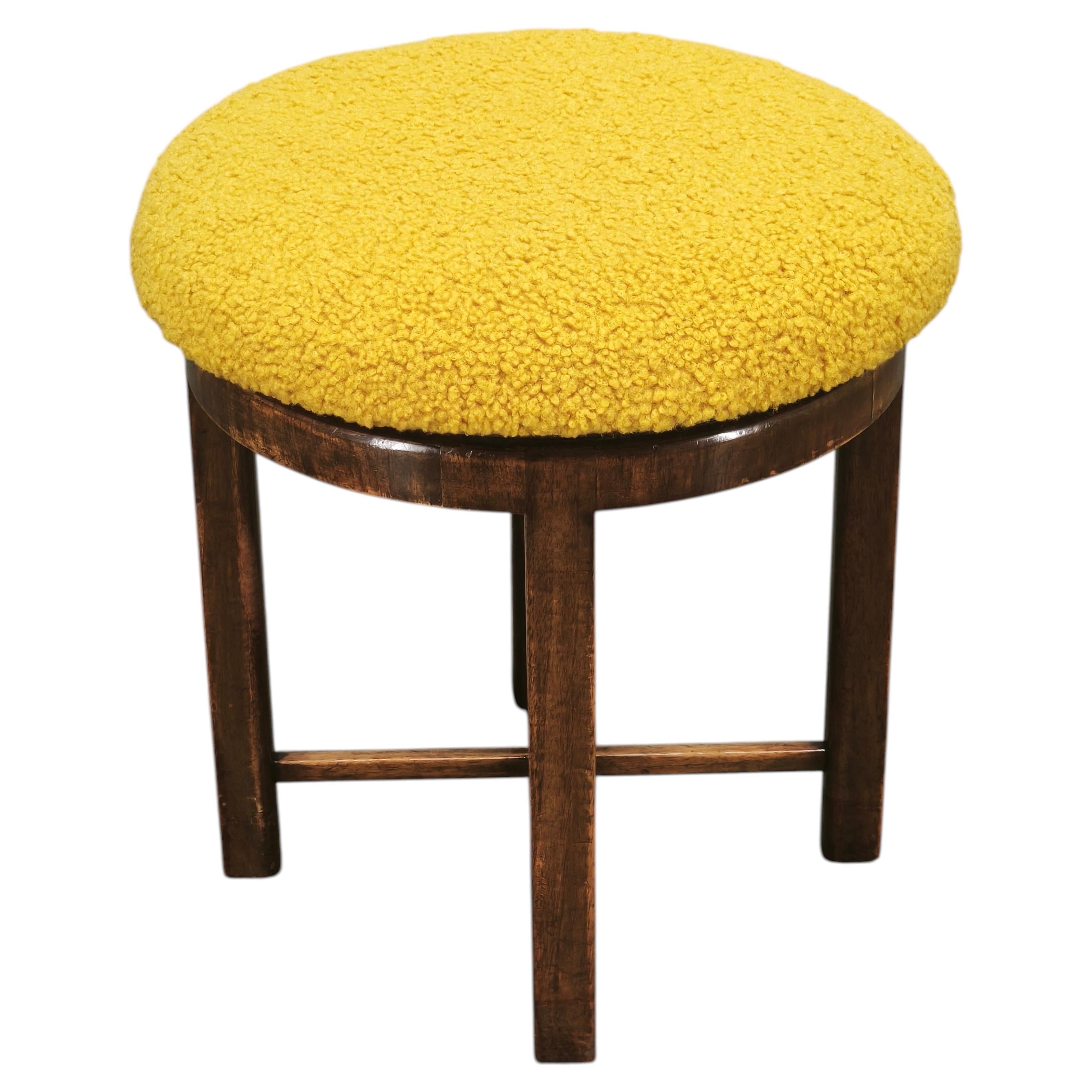 1930s Czech Art Deco Beechwood Stool with Bouclé Upholstery