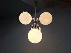 1930s Czech Art Deco Blue Opaline Glass and Chrome Four-Light Chandelier