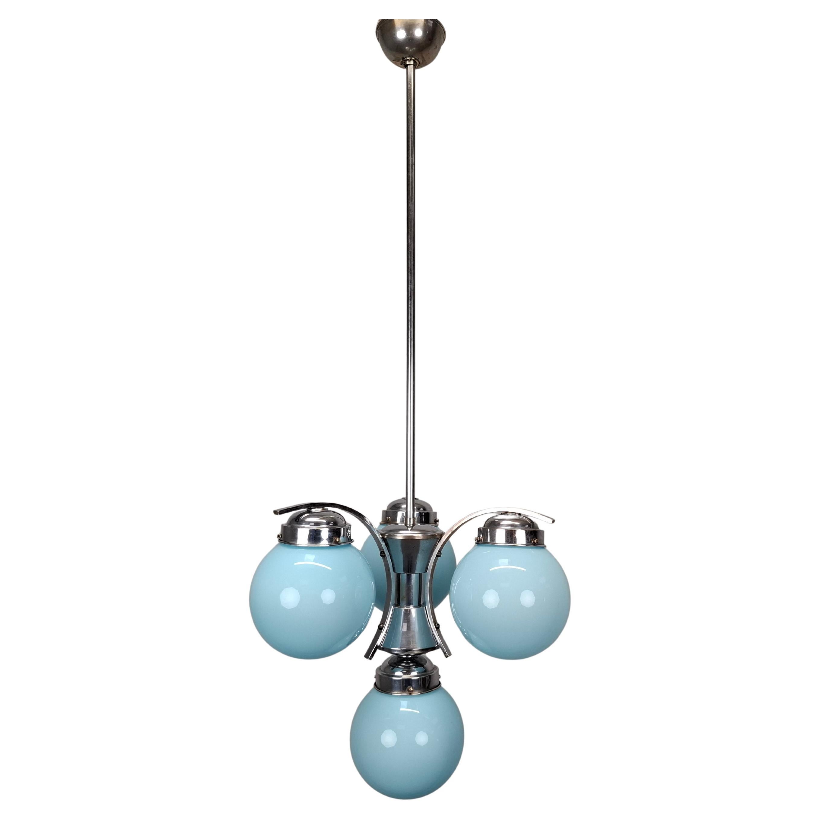 1930s Czech Art Deco Blue Opaline Glass and Chrome Four-Light Chandelier