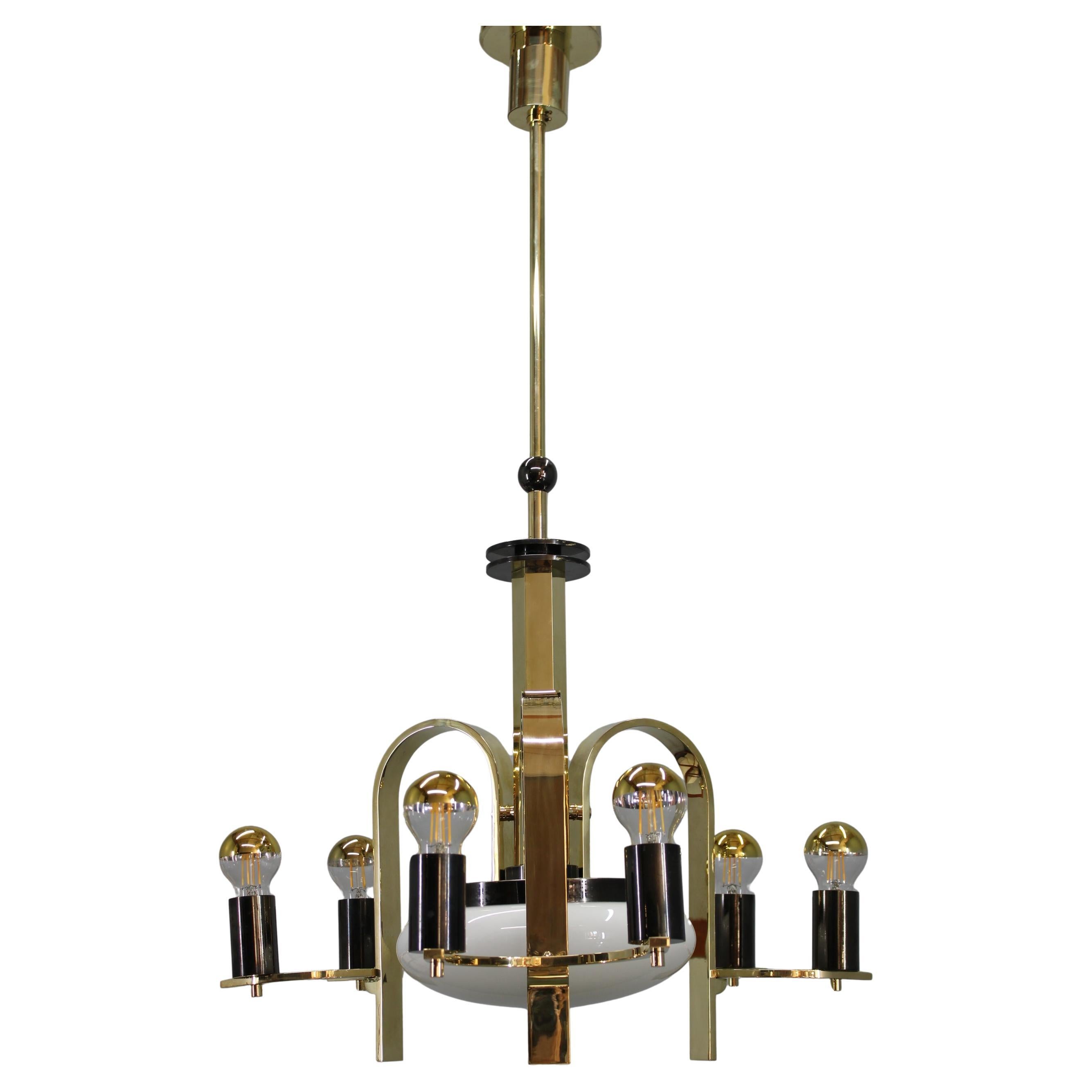 1930s Czech Art Deco Brass Chandelier with Milk Glass Center and Exposed Bulbs