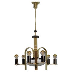 1930s Czech Art Deco Brass Chandelier with Milk Glass Center and Exposed Bulbs