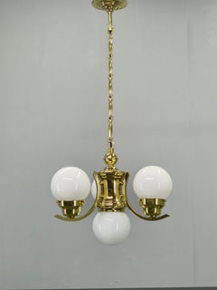 1930s Czech Art Deco Brass Chandelier with Milk Glass Globes
