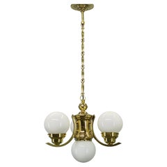 1930s Czech Art Deco Brass Chandelier with Milk Glass Globes