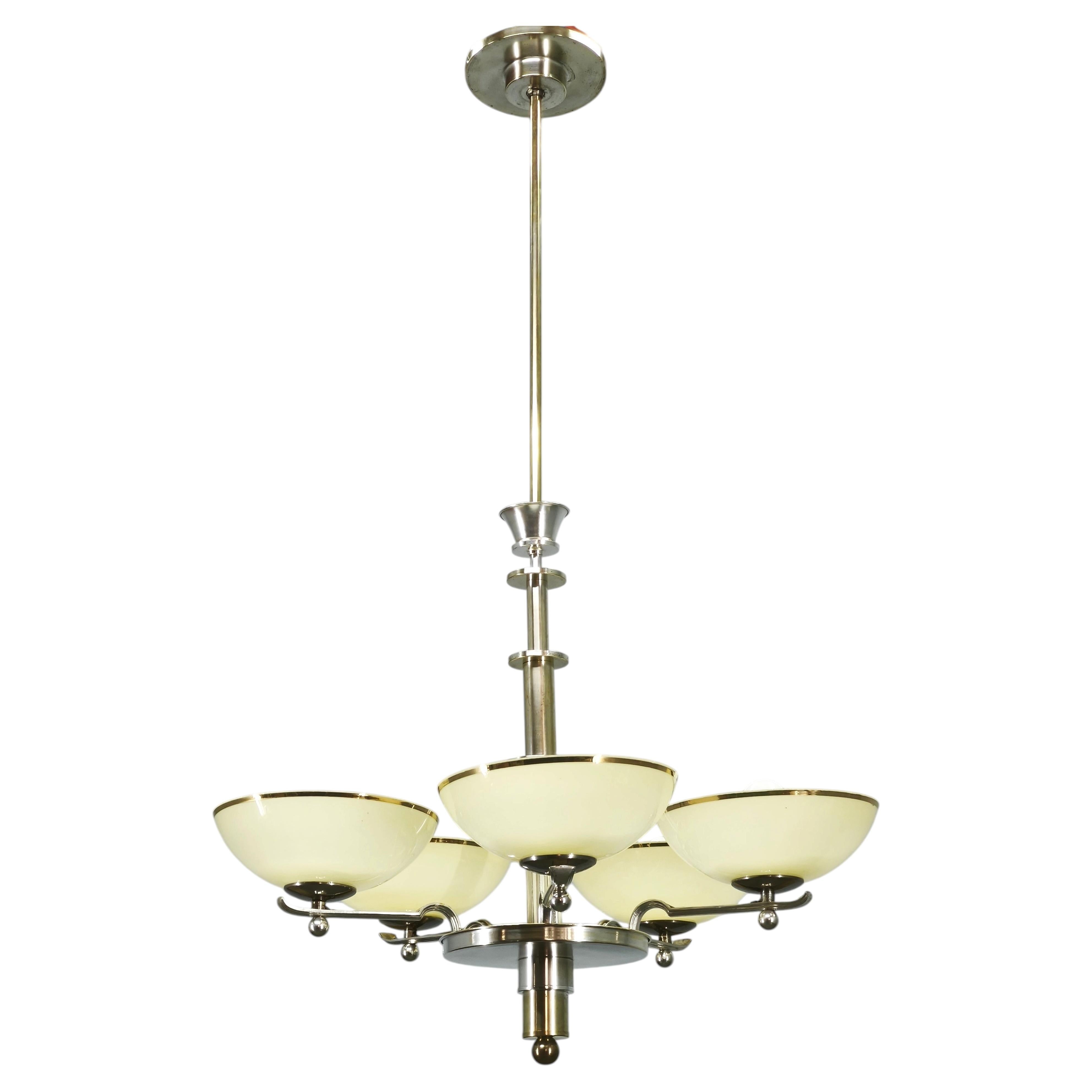 1930s Czech Art Deco Nickel Chandelier with Champagne Glass Shades