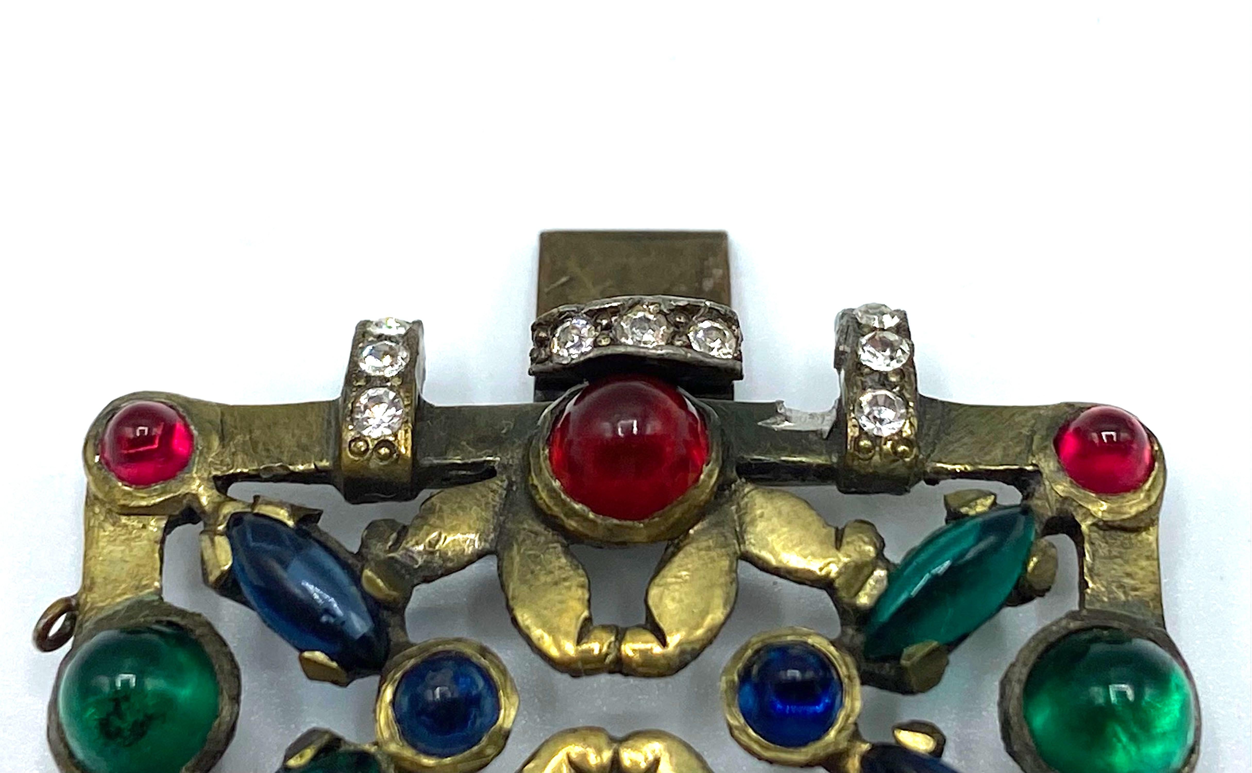 1930s Czech Art Deco Patinated Gold with Red, Blue & Green Cabochon Bracelet 9