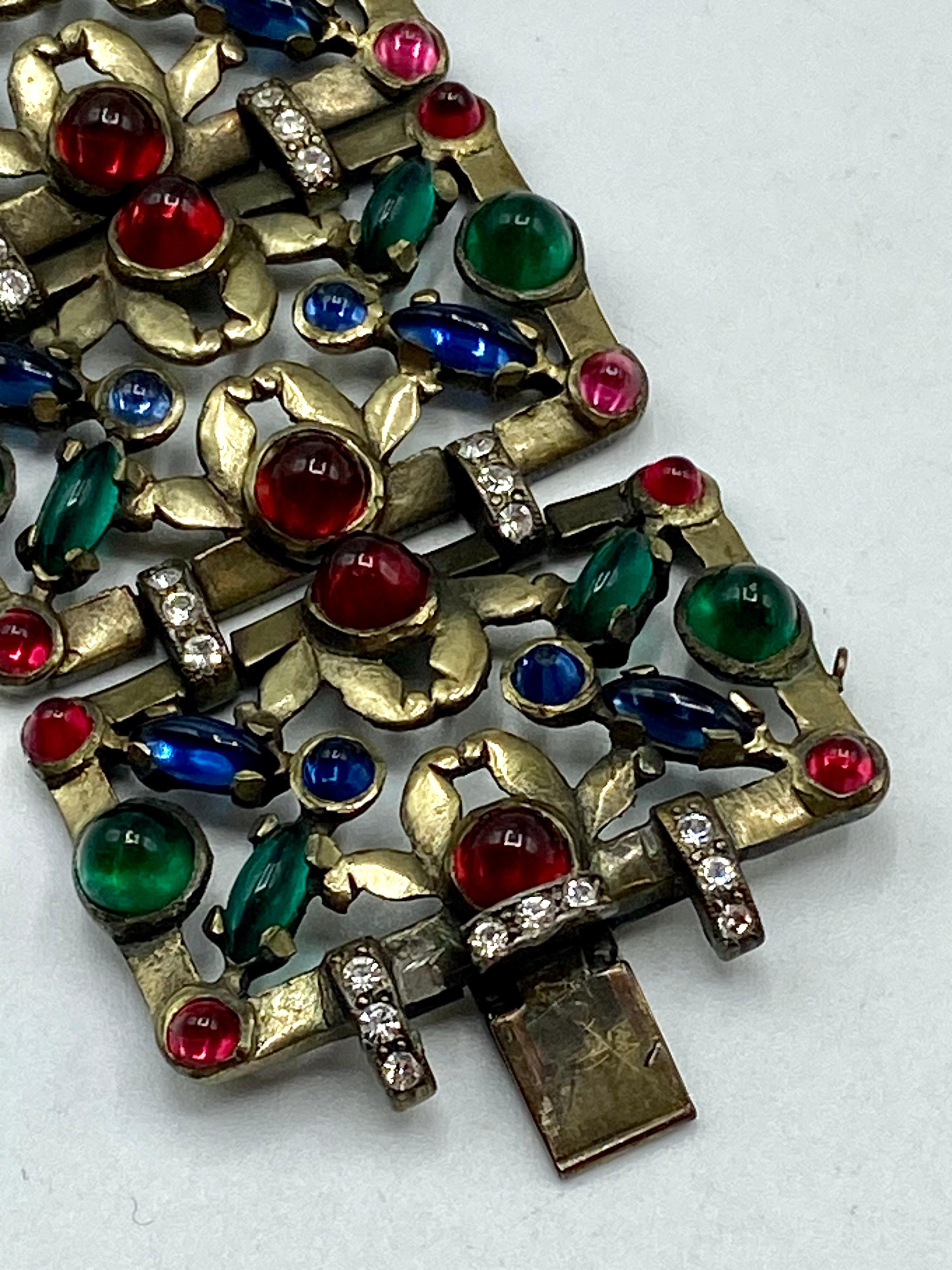 1930s Czech Art Deco Patinated Gold with Red, Blue & Green Cabochon Bracelet 11
