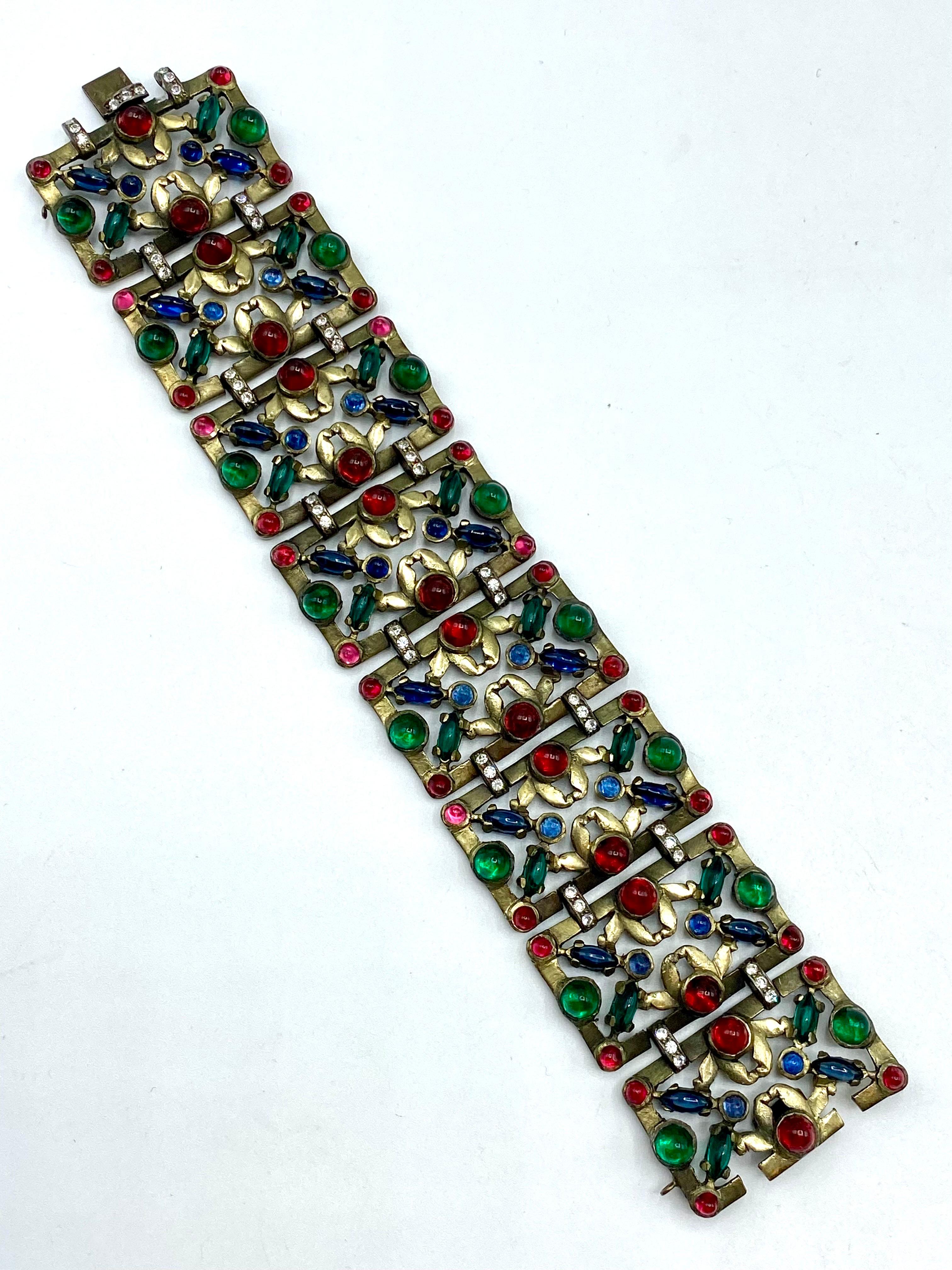 1930s Czech Art Deco Patinated Gold with Red, Blue & Green Cabochon Bracelet In Good Condition In New York, NY