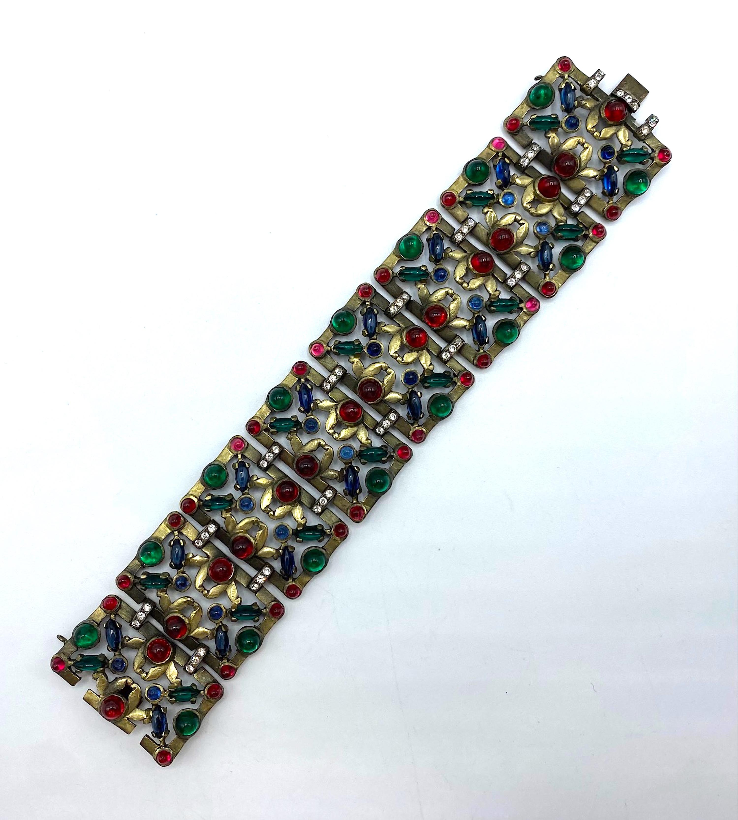 Women's 1930s Czech Art Deco Patinated Gold with Red, Blue & Green Cabochon Bracelet