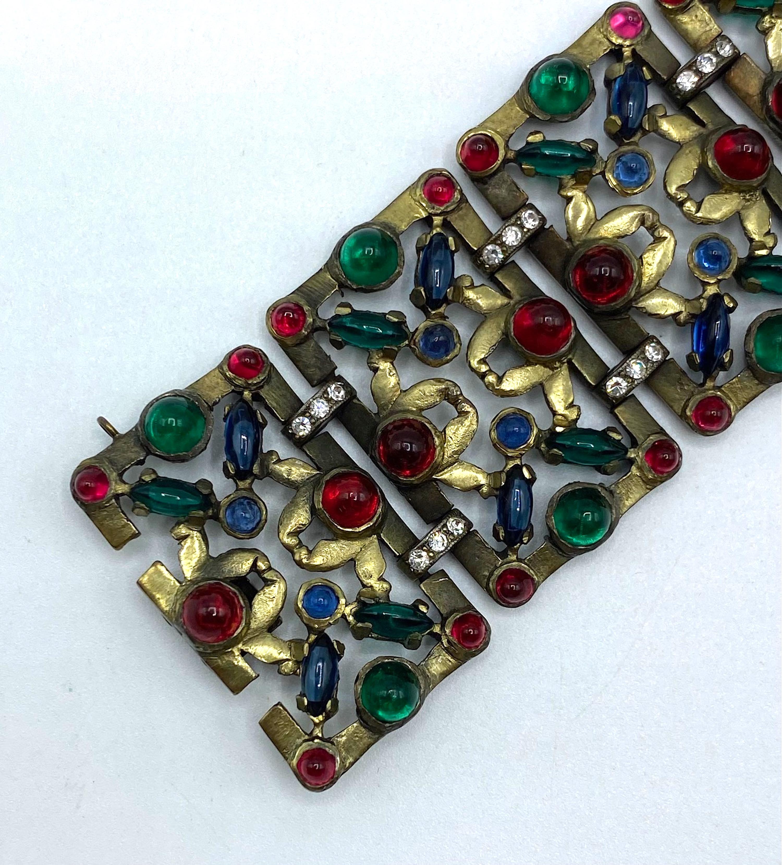 1930s Czech Art Deco Patinated Gold with Red, Blue & Green Cabochon Bracelet 1