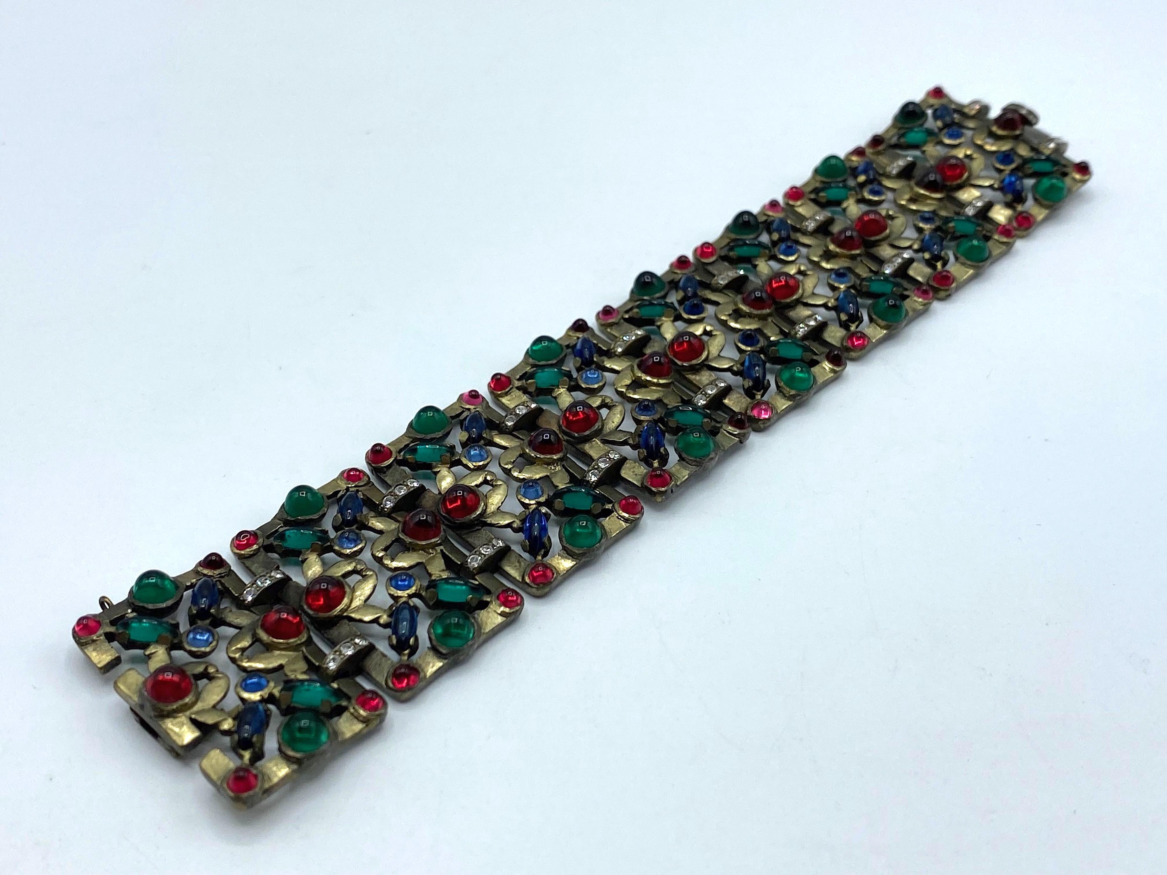1930s Czech Art Deco Patinated Gold with Red, Blue & Green Cabochon Bracelet 2